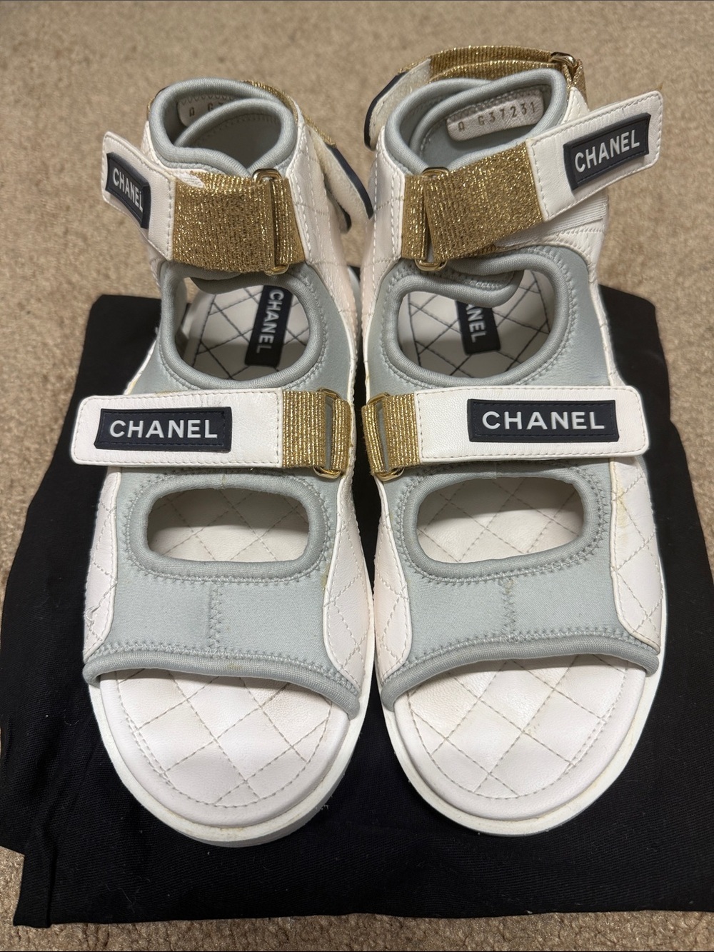CHANEL Gladiator White, Gold & Light Gray Quilted Sport Sandals 40